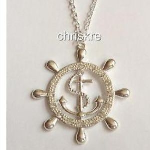 Silver Plated Anchor Wheel Nautical Necklace 24" Chain Plus Size Island Beach